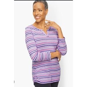 Talbots Womens XL Striped V Neck 3/4 Sleeve Side Ruched Casual Top